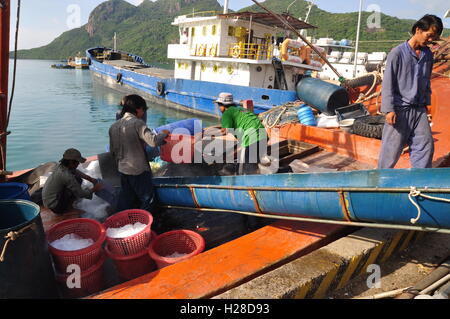 Con Dao, Viet Nam - 2. Juli 2012: Träger sind Rasieren Eis in der lokalen Hafenstadt der Insel Con Dao in Vietnam Stockfoto