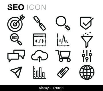 Vektor-schwarze Linie Seo Icons set auf weißem Hintergrund Stock Vektor