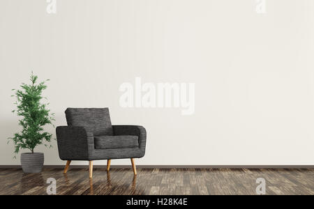 Innenraum des Wohnzimmers mit schwarzen Sessel und Pflanze 3D-Rendering Stockfoto