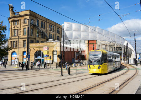 U-Bahn Straßenbahn Linien in Victoria Station in Manchester, England. Stockfoto