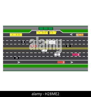 Road-Infografiken. Grundstück, Straße, Autobahn, Straße mit Bushaltestelle. Mit verschiedenen Autos. geladenen Karten der Straßen und öffentlichen Verkehrsmitteln. Draufsicht auf die Autobahn. Abbildung Stock Vektor