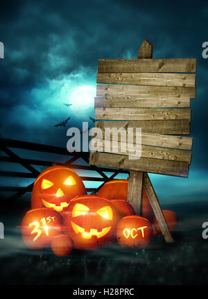 Happy Halloween-Hintergrund mit Kürbissen und Lichterketten dekoriert! Abbildung. Stockfoto