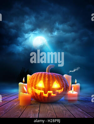 Halloween-Nacht, Kerzen Jack O Lantern Kürbis mit glühenden an einem mondhellen Abend. 3D Illustration. Stockfoto