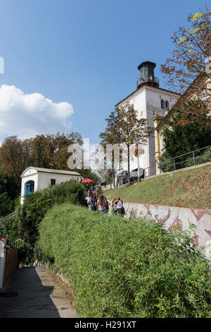 Ein Blick von der alten Seilbahnstation. Stockfoto