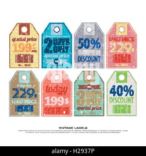 Satz von Vintage, Papieretiketten Preis. Vektor, Werbung Abzeichen Vorlage. Sonderverkauf, entwerfen Promo Sticker. Rabatt-tag Stock Vektor