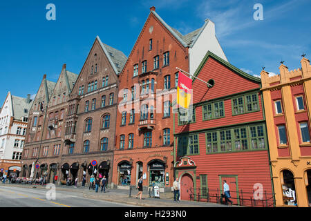 Norwegen, Bergen. Bryggen, historische Hafengebiet. UNESCO Welterbe-Aufstellungsort. Hanseatische Museum. Stockfoto