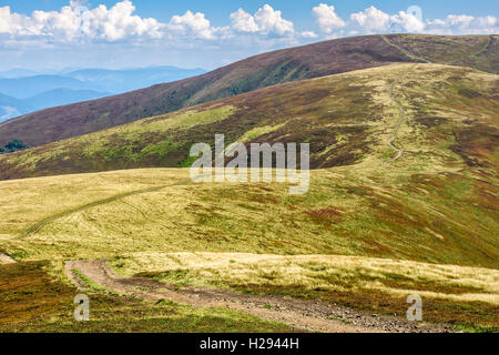 kurvenreiche Straße durch große Wiesen am Hang des Gebirges Stockfoto