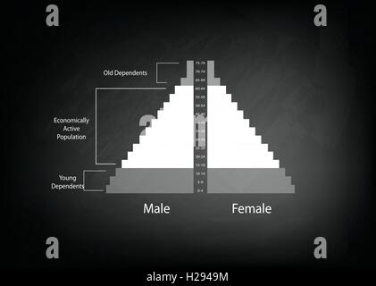 Bevölkerung und Demografie, Illustration der Detaillierungsgrad der Bevölkerung Pyramiden Diagramm oder Altersstruktur Graph auf schwarze Tafel Backgr Stock Vektor