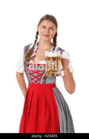 Schöne Oktoberfest Frau mit Bierkrug isoliert auf weißem Hintergrund Stockfoto