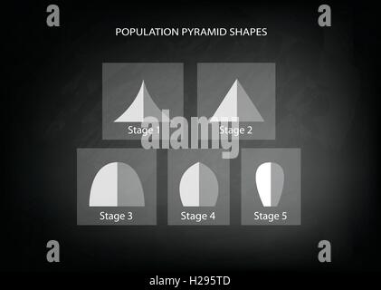 Bevölkerung und Demografie, Illustration-Set von 5 Arten der Bevölkerung Pyramiden Diagramm oder Altersstruktur Graph an schwarze Tafel B Stock Vektor