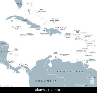 Die karibischen Staaten politische Landkarte mit nationalen Grenzen. Das Karibische Meer mit größeren und kleineren und Leeward Antilles. Stockfoto