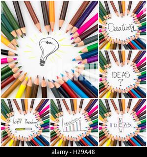 Foto-Collage von Close up Makro über Buntstifte in Kreis Anordnung, Kreativität konzeptionelle Bilder geschossen Stockfoto