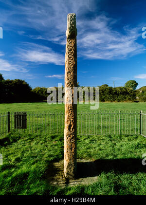 S-Seitenwand des Maen Achwyfan Cross späten C10th unter der Leitung von CD Strecke überqueren noch in seine ursprüngliche Position in der Nähe von Whitford, Flintshire. Stockfoto