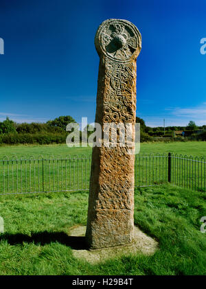 W-Gesicht Maen Achwyfan Kreuz, eine späte C10th unter der Leitung von CD Strecke überqueren noch in seine ursprüngliche Position in der Nähe von Whitford, Flintshire. Stockfoto