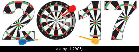 2017-frohes neues Jahr-Dartscheibe mit Darts beim Auftreffen auf Ziel Bullseye Ziffern Umriss Illustration Isolated on White Background Stockfoto