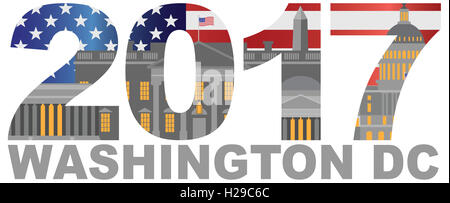 2017 USA amerikanische Flagge Zahlen Umriss Washington DC isoliert auf weißem Hintergrund Illustration Stockfoto