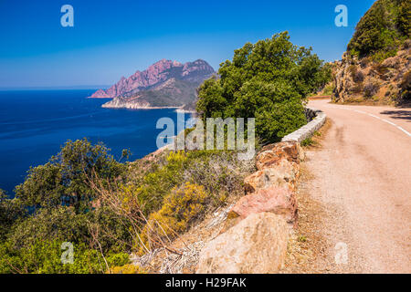 Blick vom berühmten Küstenstraße D81 mit Blick auf den Golfe de Porto in der Nähe von Porto Stadt, Korsika, Frankreich, Europa. Stockfoto