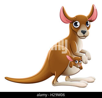 Niedlichen Cartoon Mutter und baby-Känguru tierische Charaktere mit Baby Joey im Beutel Stockfoto