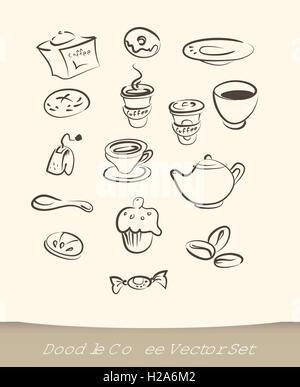 Kaffee Doodle Set isoliert auf weißem Hintergrund. Vektor-illustration Stock Vektor