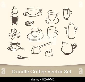 Kaffee Doodle Set isoliert auf weißem Hintergrund. Vektor-illustration Stock Vektor