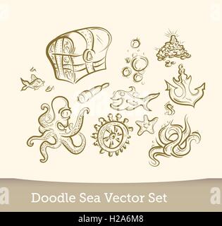 Meer-Doodle-Satz isoliert auf weißem Hintergrund. Vektor Stock Vektor