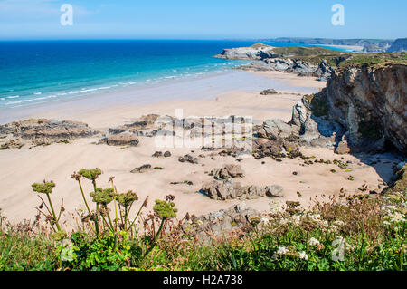 Lusty Glasur ein Privatbesitz Strand von Newquay in Cornwall, England, UK Stockfoto