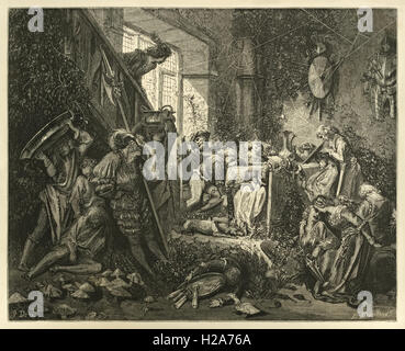 "Bis er den größten Raum aller, der Festsaal erreicht." Illustration aus "Dornröschen" von Paul Gustave Doré (1832-1883). Der Prinz begegnet jeder im Schlosspark in einen verzauberten Schlaf. Stockfoto