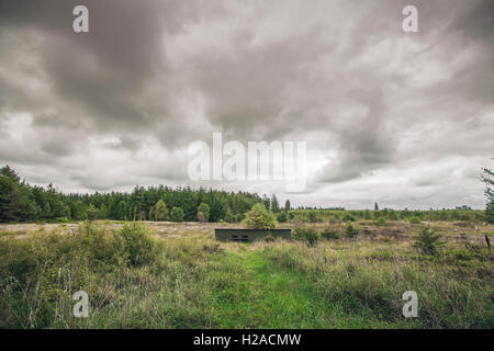 Kleine Bunker in einem militärischen Gelände bei bewölktem Wetter Stockfoto