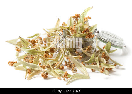 Getrocknete Linden Blume in einem Glas isoliert auf weißem Hintergrund. Die Blüten ähneln Miniatur Schirme mit gelblicher Farbe, haben eine Stockfoto