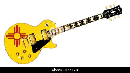 Die endgültige Rock And Roll-Gitarre mit der New Mexico State Flag versiegeln Flagge isoliert auf einem weißen Hintergrund. Stock Vektor