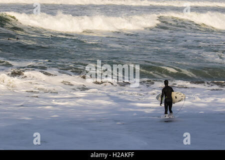 Eine Surfer betrachtet die Wellen schlagen am Strand in Nord-Kalifornien. Der Neoprenanzug schützt ihn vor dem eisigen Wasser. Stockfoto