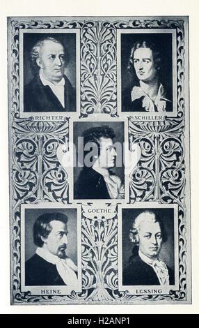 Die deutschen Autoren, die hier abgebildet sind, von links nach rechts und von oben nach unten: Conrad Richter (1890-1968), Friedrich Schiller (1759-1805), Johann Wolfgang von Goethe (1749-1832), Christian Johann Heinrich Heine (1797-1856) und Gotthold Ephraim Lessing (1729-1781). Stockfoto