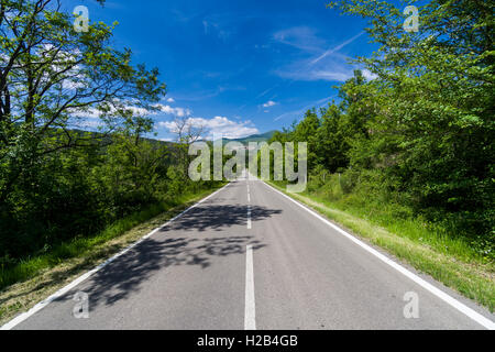 Typische toskanische Landschaft mit Hügeln und Bäumen, Straße, die zu einer Stadt, Santa Fiora, Toskana, Italien Stockfoto