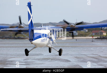Barra, äußeren Hebriden, Schottland G-SGTS - Viking DH-6-400 Twin Otter - Loganair Flugzeug landet auf dem Flughafen Barra. Barra ist Angebotsdichte Stockfoto