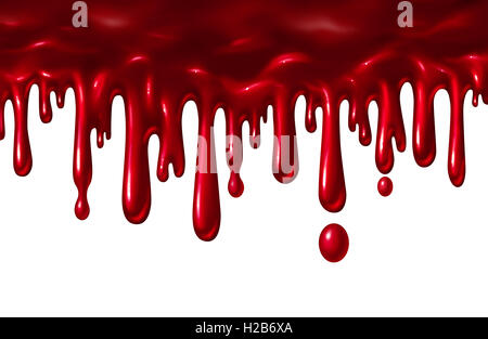 Blut Flüssigkeit tropfte wie eine rote Splatter mit Tropfen fallen nach unten wie ein Halloween-Element oder ein Symbol der Gewalt und des Terrors isoliert auf einem weißen Hintergrund in einer 3D Darstellung Stil. Stockfoto