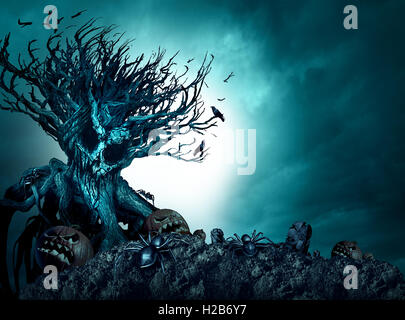 Halloween gruselige Hintergrund spukt Gespenst Baum in der Nacht als eine alte Anlage geformt wie ein Monster Schädel mit Kürbissen und Spinnen als eine unheimlich blau Friedhof Herbstlandschaft als ein Horror-Thema mit 3D Abbildung Elemente. Stockfoto