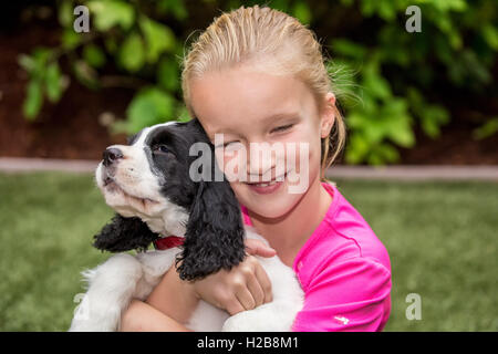 Sieben Jahre altes Mädchen halten und umarmen ihr zwei Monate altes Springer Spaniel Welpen, Tre, in Issaquah, Washington, USA Stockfoto