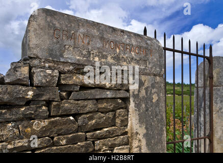 LE MONTRACHET Eingangstor zu den feinen Grand Montrachet Weinberg, Puligny-Montrachet, Côte d'Or, Frankreich. [Côte de Beaune Grand Cru] Stockfoto