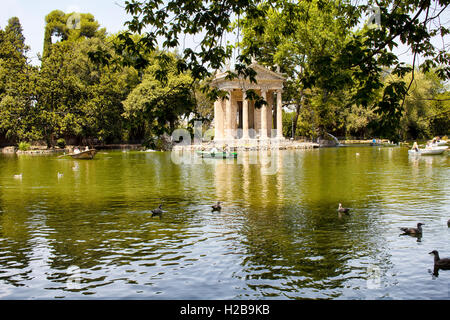 Menschen fahren Boote und Möwen schwimmen auf See vor "Tempio di Esculapio" im Garten der Borghese in Rom. Stockfoto