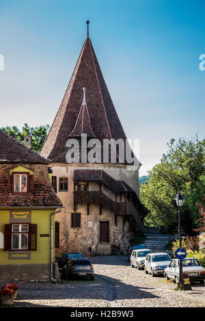 Alten Bastion namens The Stiefelhersteller Tower in historischen Zentrum von Sighisoara Stadt, Region Transsilvanien in Rumänien Stockfoto