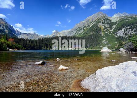 Weitwinkeleinstellung Landschaft von Glazial-See Popradske Pleso in der hohen Tatra. Stockfoto