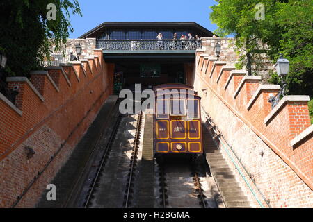 Die Siklo Standseilbahn in Budapest, die von der Spitze der Castle Hill, das Lánchíd ausgeführt wird Stockfoto