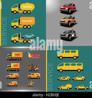 Digitale Vektor Orange und rot auto Auto-Icon-Set, Lebensmittel-Lieferservice, Polizei, Taxi, LKW, Krankenwagen und Service. Stock Vektor