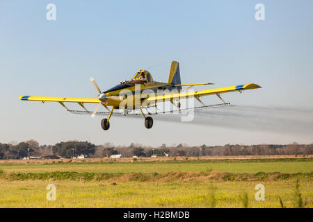 Eine Antenne Sprühflugzeug sprüht ein Feld im ländlichen Eunice, Louisiana. Stockfoto