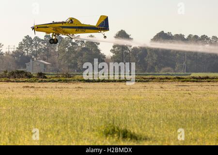 Eine Antenne Sprühflugzeug sprüht ein Feld im ländlichen Eunice, Louisiana. Stockfoto
