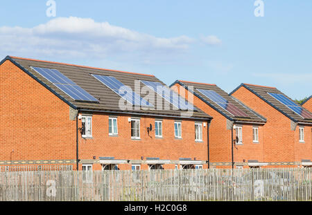 Solarzellen auf den Dächern der Häuser in England. UK Stockfoto