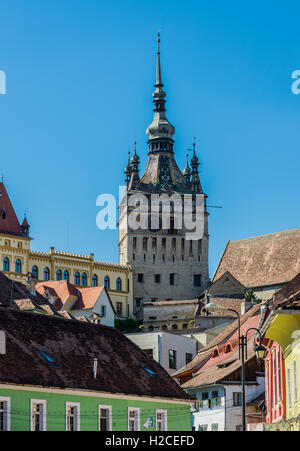 Turnul cu Ceas - Uhrturm, Teil der alten Stadtbefestigung im historische Zentrum von Sighisoara Stadt, Region Transsylvanien in Rumänien Stockfoto