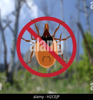 Warnschild Symbol Parasit. Spinnmilben. Rote Milbe. Epidemie. Milben-Parasiten. Hintergrund aus grünen Wald. Abbildung Stock Vektor