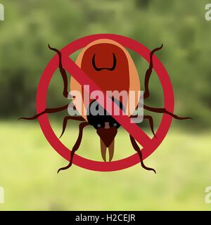 Warnschild Symbol Parasit. Der Wald können Milben sein. Rote Milbe. Epidemie. Milben-Parasiten. Hintergrund aus grünen Wald. Abbildung Stock Vektor