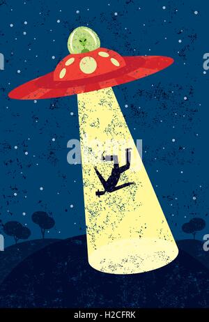 Alien Abduction A Martian in einer fliegenden Untertasse, die Entführung eines Mannes. Stock Vektor